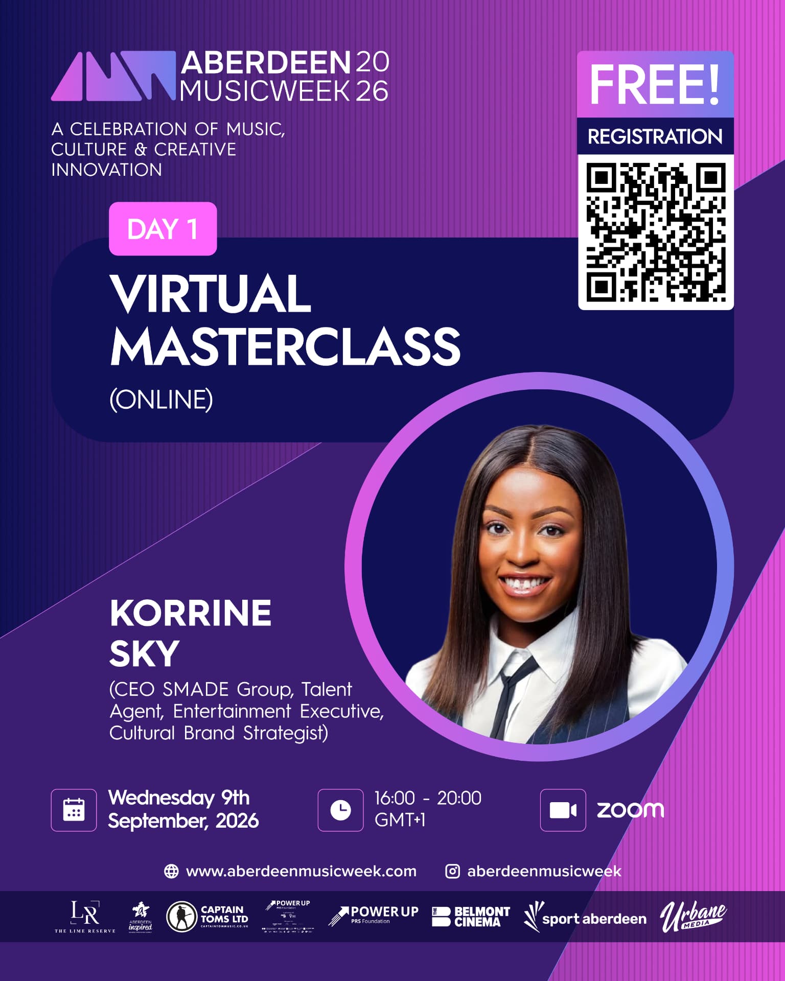 Aberdeen Music Week 2026 virtual masterclass event artwork featuring Korrine Sky