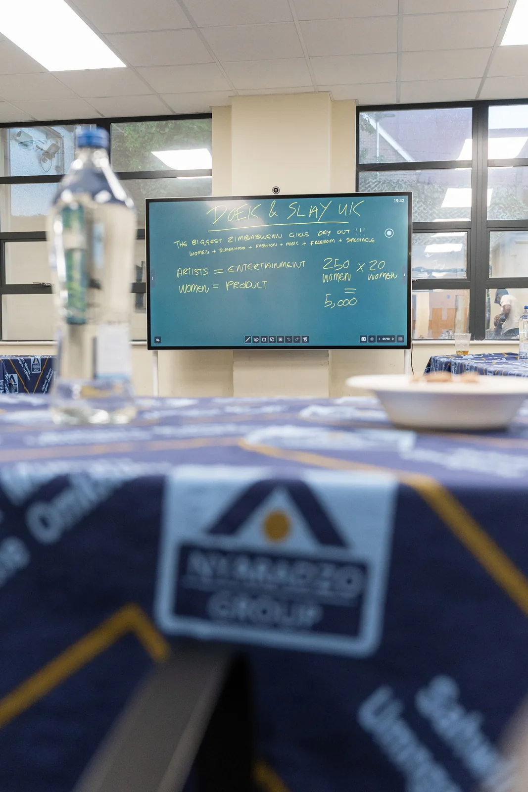Wide view of the session room with the strategy board on screen
