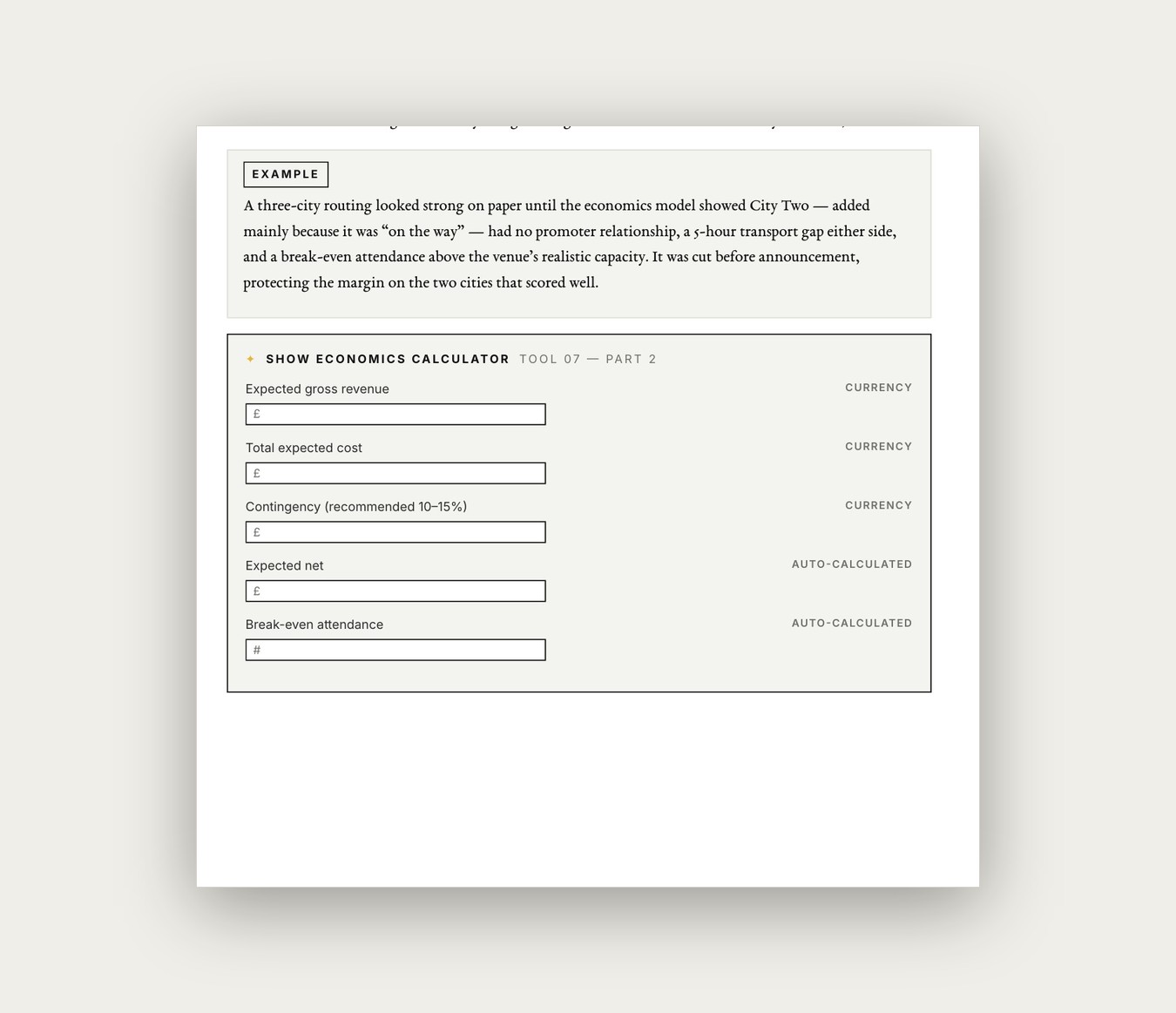The Show Economics Calculator page