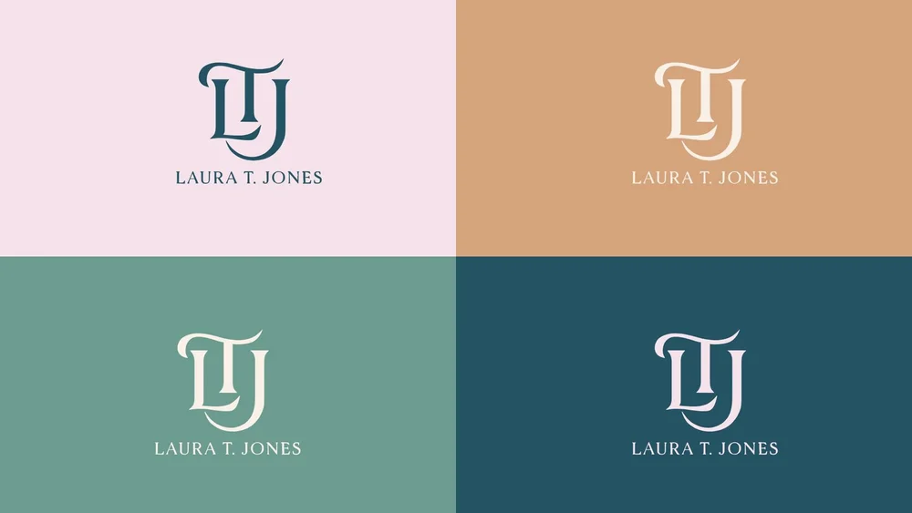 The LTJ monogram and Laura T. Jones wordmark across four brand colourways