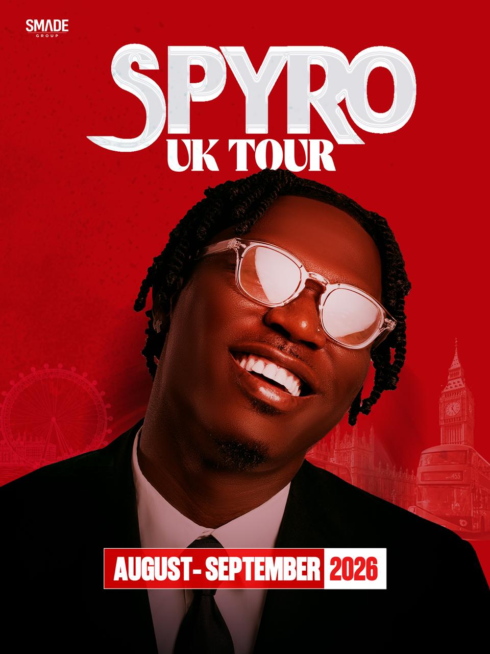 Spyro UK Tour flyer, August to September 2026, presented by SMADE Group