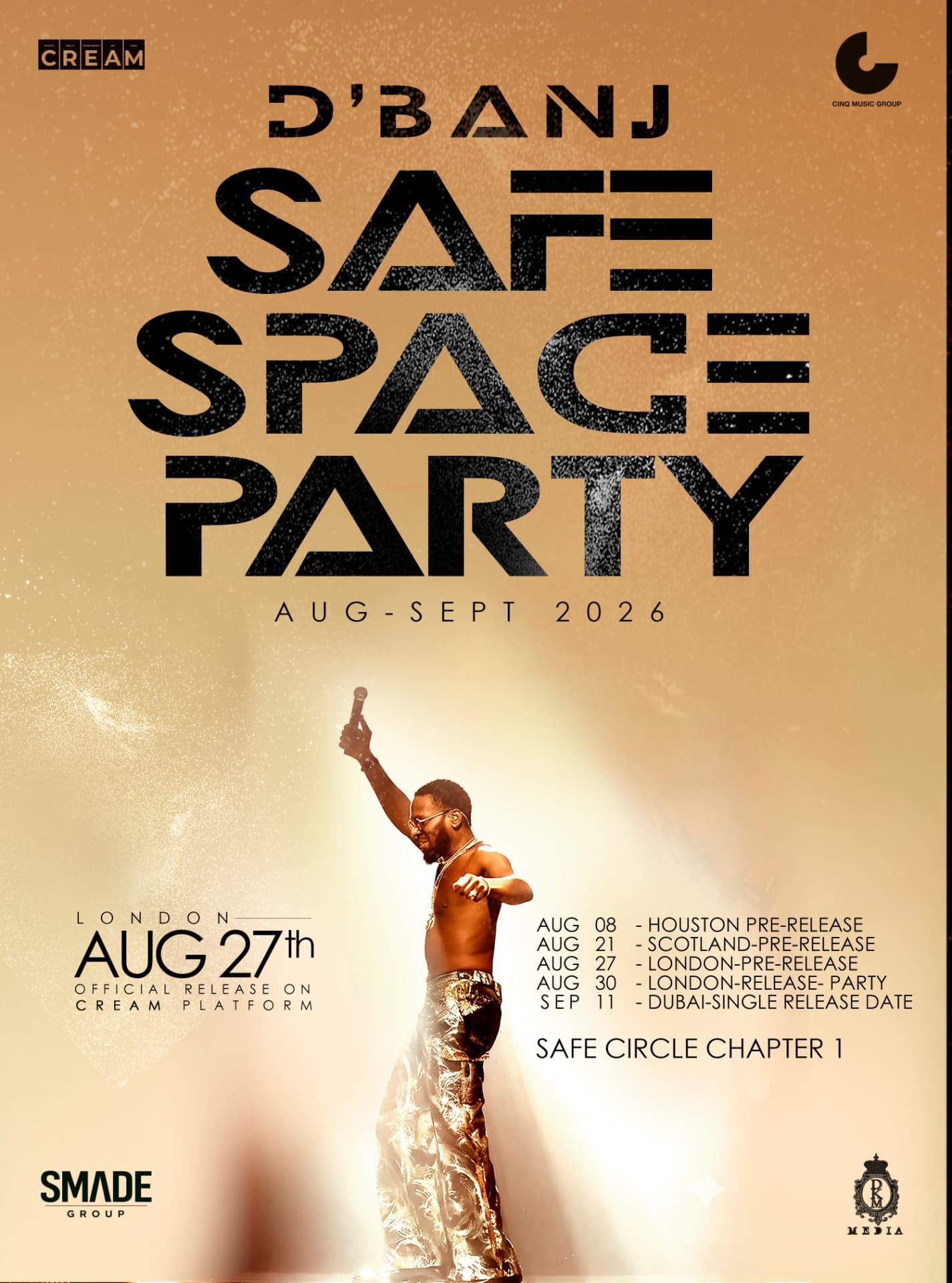 Safe Space Party tour flyer for D'Banj showing dates in Houston, Scotland, London and Dubai