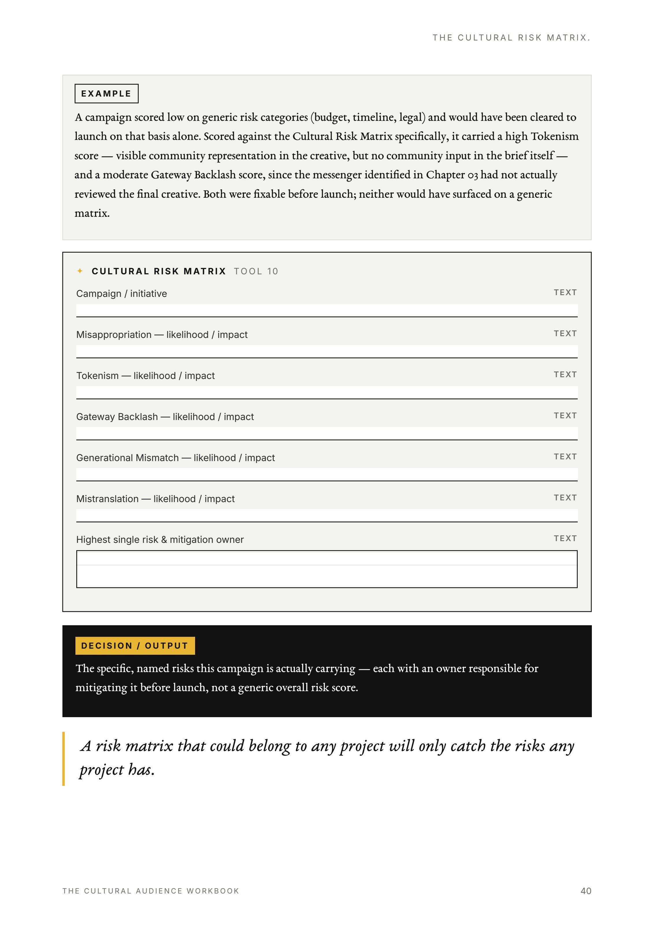 The Cultural Risk Matrix worksheet page