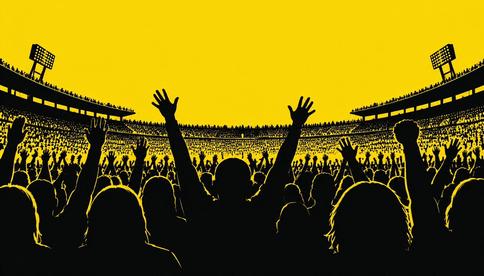 Illustration of a stadium crowd in silhouette against a yellow sky